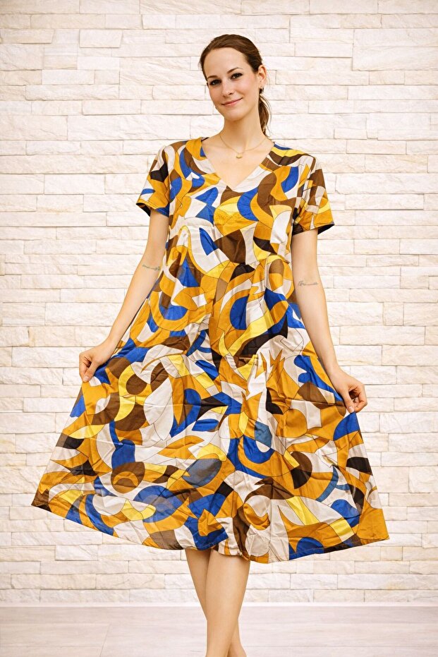Women's Viscose Fabric Verev Cut Patterned Dress Standard Size 44/48