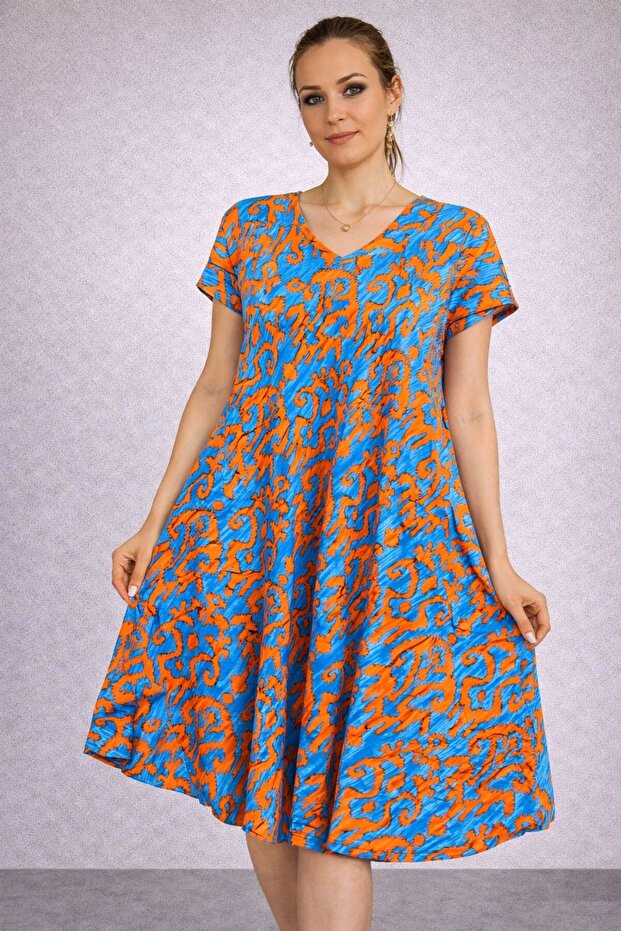 Women's Viscose Fabric Verev Cut Patterned Dress Standard Size 44/48