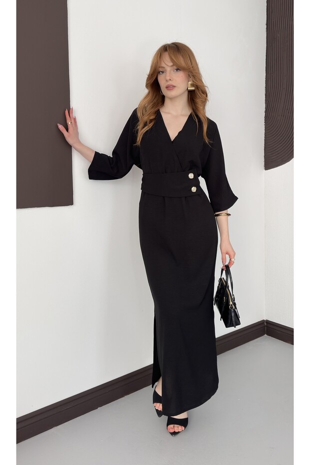 Aerobin Fabric Double Breasted Collar Slit Buttoned Belt Detailed Dress