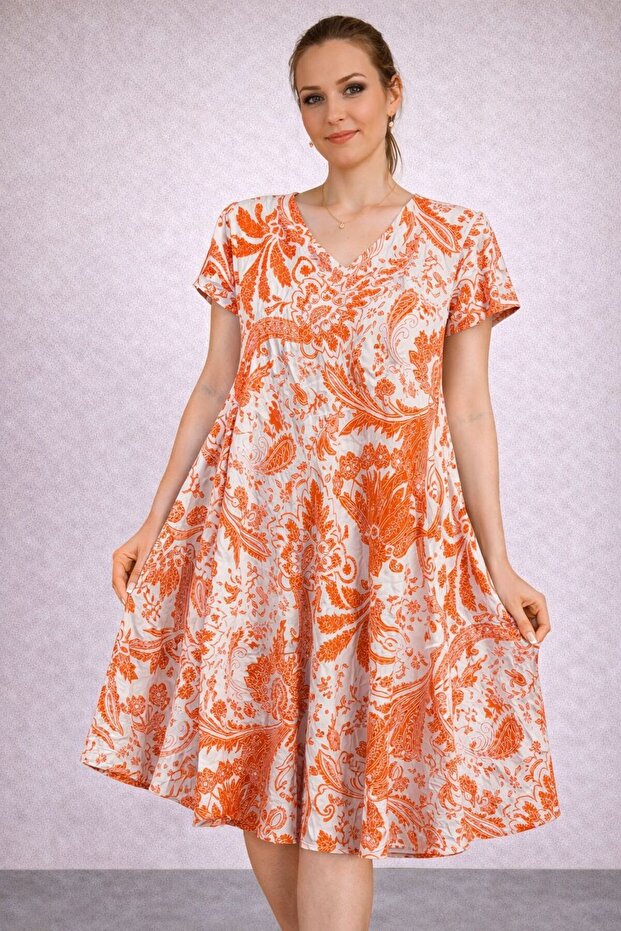 Women's Viscose Fabric Verev Cut Patterned Dress Standard Size 44/48