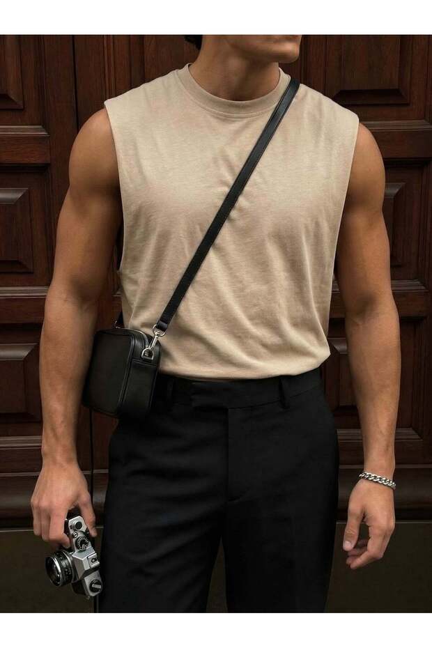Men's Oversize Zero Sleeve T-Shirt Wide Shoulder Cut Loose Basic Undershirt Cotton Comfortable Fit T-Shirt