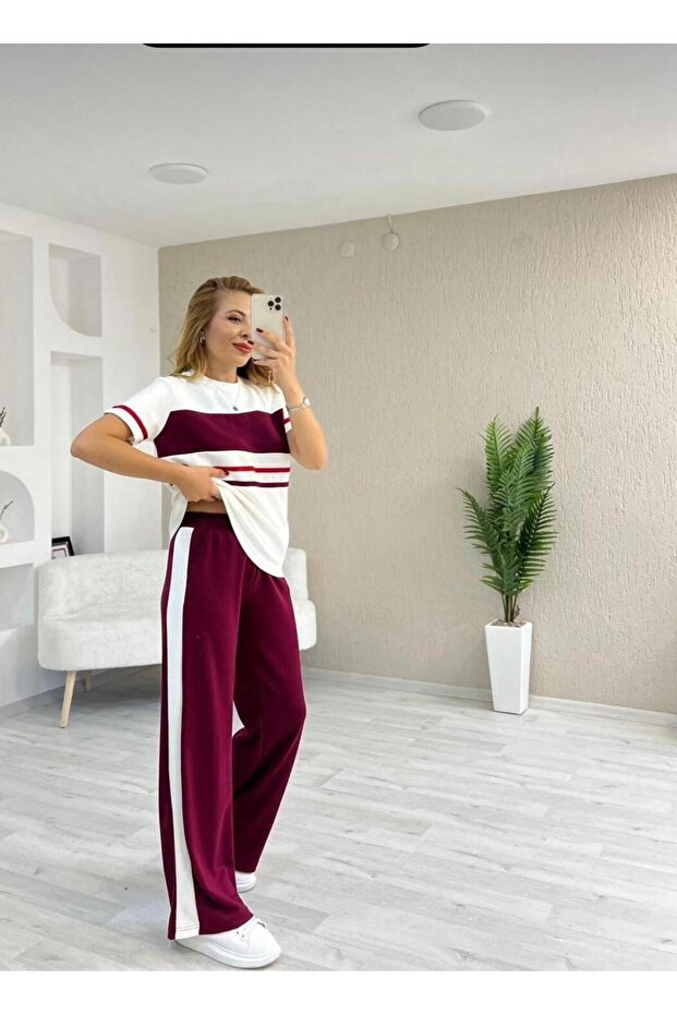 Textured Crew Neck Garni Detailed Short Sleeve Women's Tracksuit Set