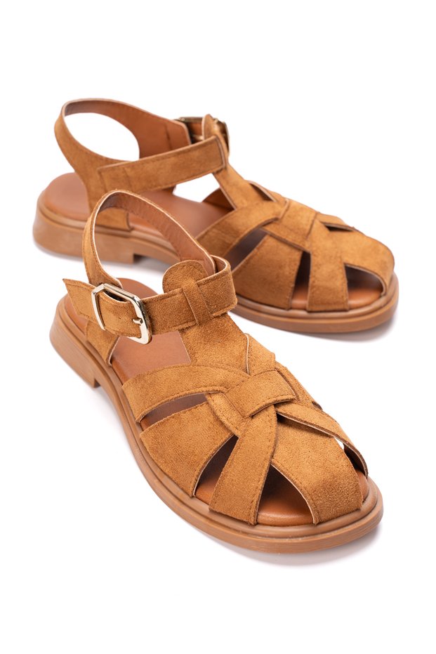 Women's Suede Buckle Detailed Strappy Sandals 6361 Taba Suede