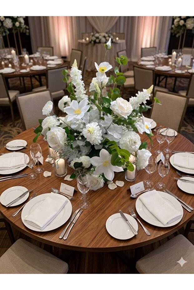 Luxurious White Artificial Table Flower Arrangement – Ready-Made Design with Plate (Vase Flower) - Table Flower