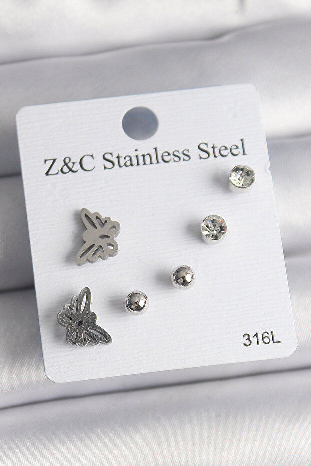 316L Steel Silver Color Zircon Stone Butterfly Model Women's Earring Set