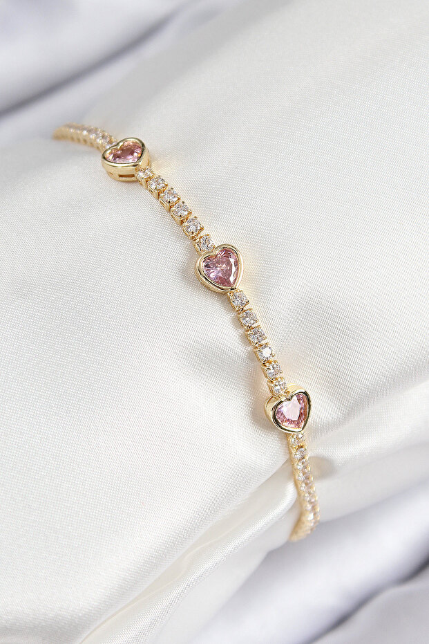 Brass Zircon Stone Pink Heart Model Gold Color Women's Bracelet