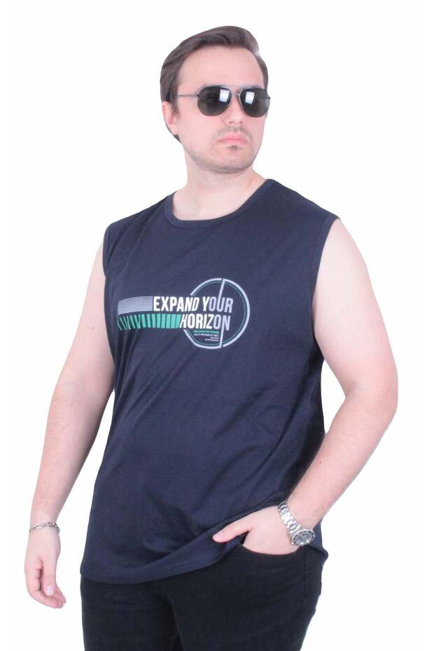 Large Size Printed Sleeveless T-Shirt Horizon 26128 Navy Blue