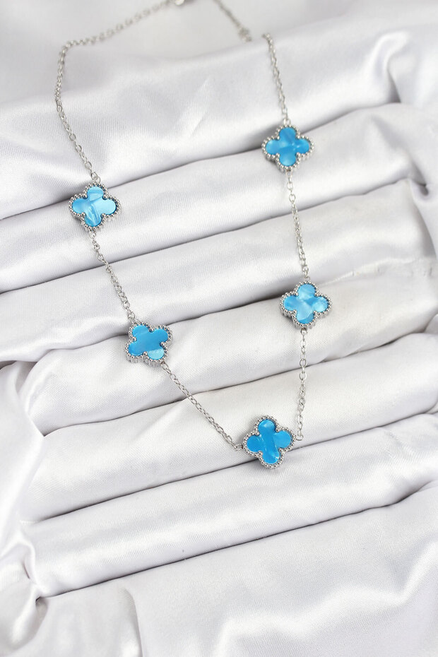 316L Steel Chain Silver Ice Blue Color Clover Women Necklace