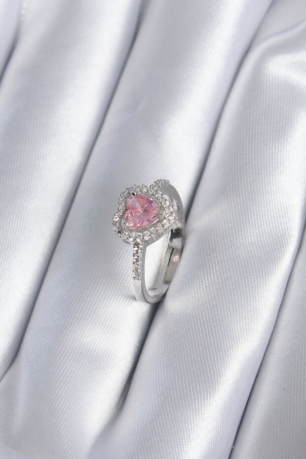 Brass Silver Color Pink Zircon Stone Heart Charm Model Women's Ring