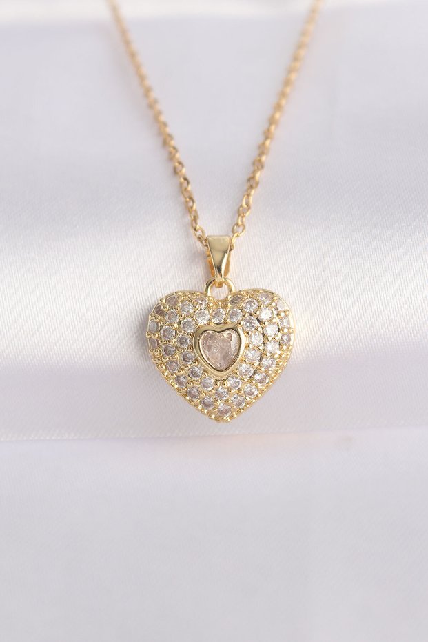 316L Steel Chain Gold Color Zircon Stone Heart Pendant