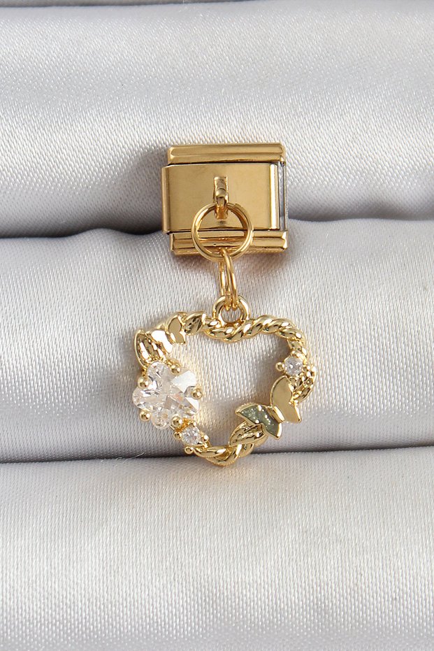316L Steel Dangle Zircon Stone Heart Model Gold Color Nomination Charm