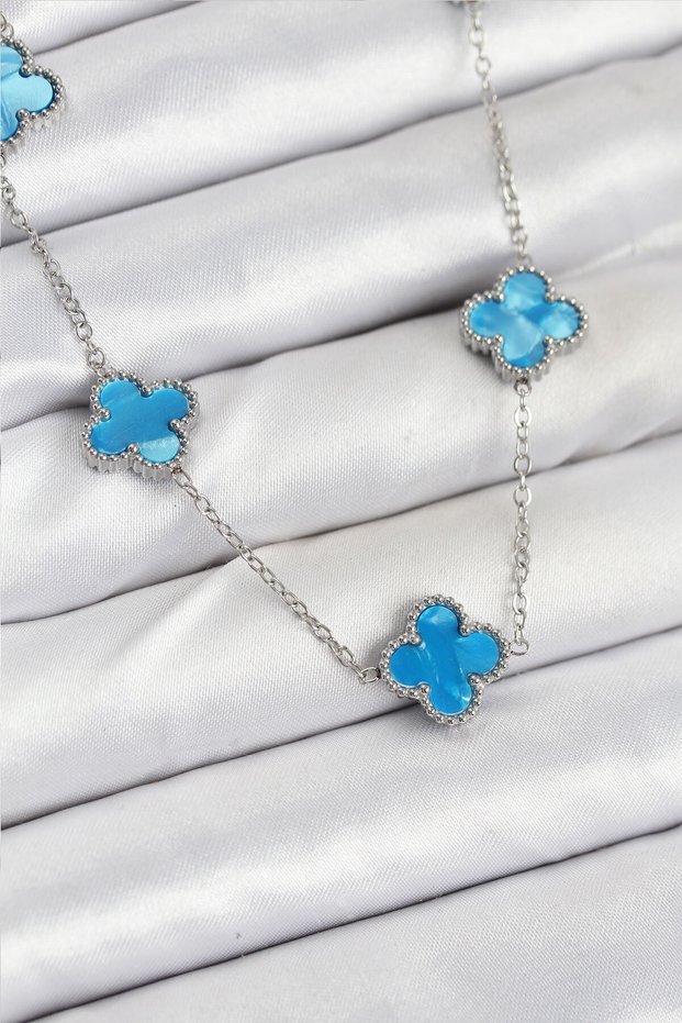 316L Steel Chain Silver Ice Blue Color Clover Women Necklace