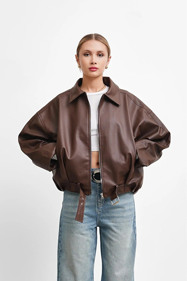 Women's Oversize Leather Jacket with Belt and Buckle, Biker Model, Stylish Coat