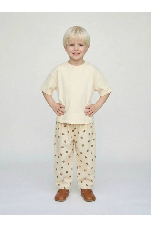 Children's Balloon Cream Teddy Bear Patterned Unisex Jean Trousers