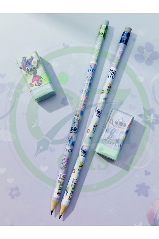ÖZ OFİS Stitch Temalı Kurşun Kalem ve Silgi Seti - İz Bırakmaz Silgi - Kolay Tutulabilir Kalem - 2+2 Set