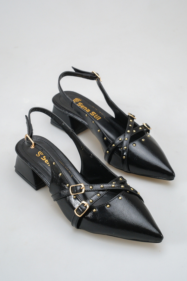 S150 Cross-Strap Open Back Slingback Model Women's Shoes with Gold Studs and Buckle Accessories