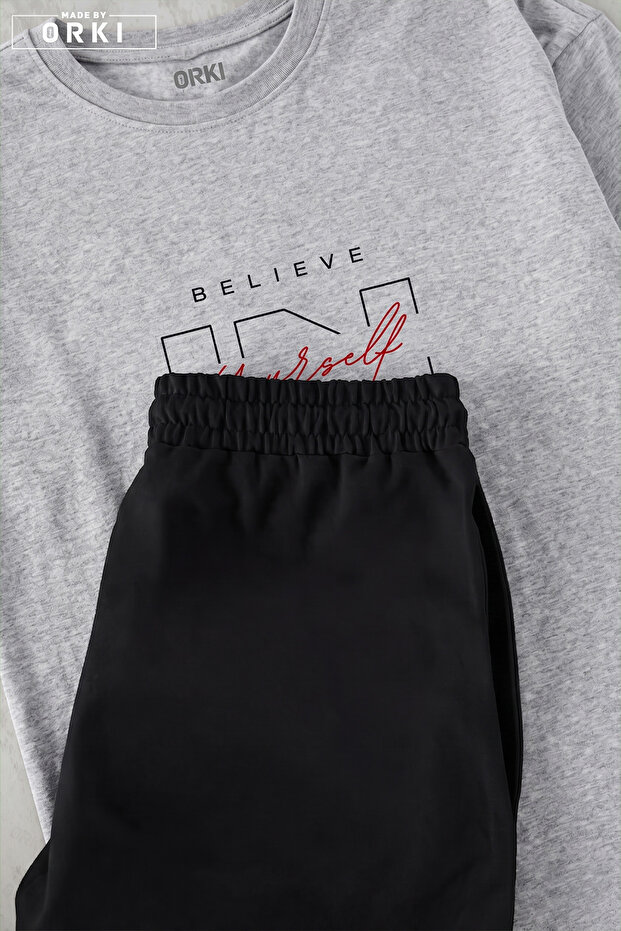 Men's Believe Yourself Printed Oversize Gray T-Shirt & Black Shorts Set – Premium Basic