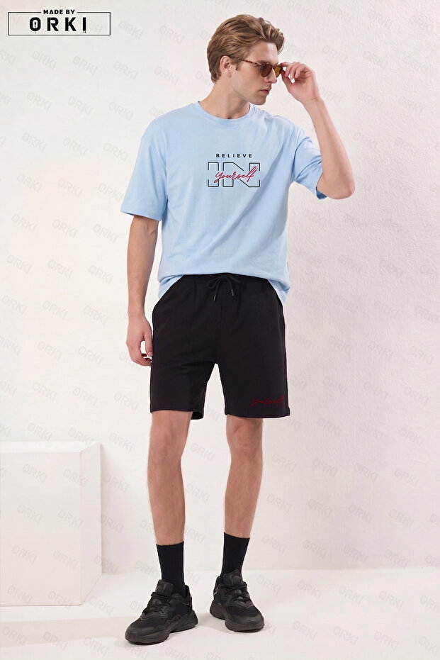 Men's Believe Yourself Printed Oversize Light Blue T-Shirt & Black Shorts Set – Premium Basic
