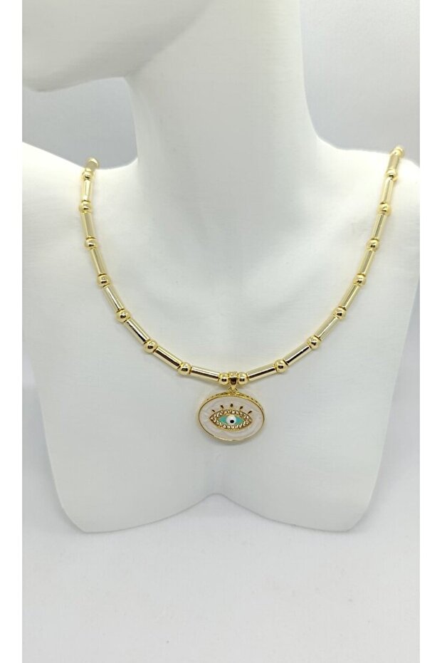 Eye Figured Pipe Ball Chain Gold Necklace (40+5 cm)