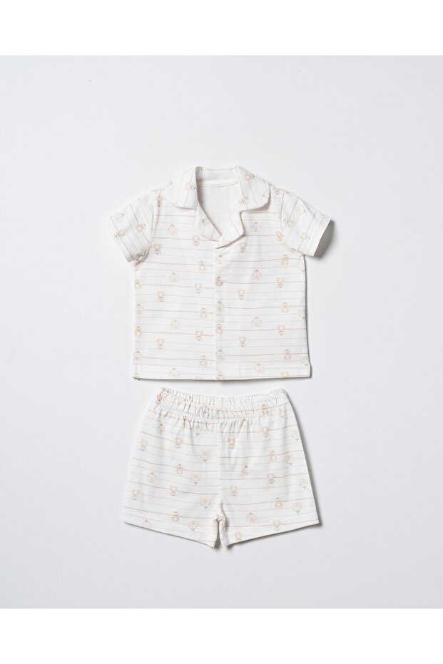 Teddy Bear Patterned, Shirt Collar, Unisex Baby/Child Shorts Pajama Set
