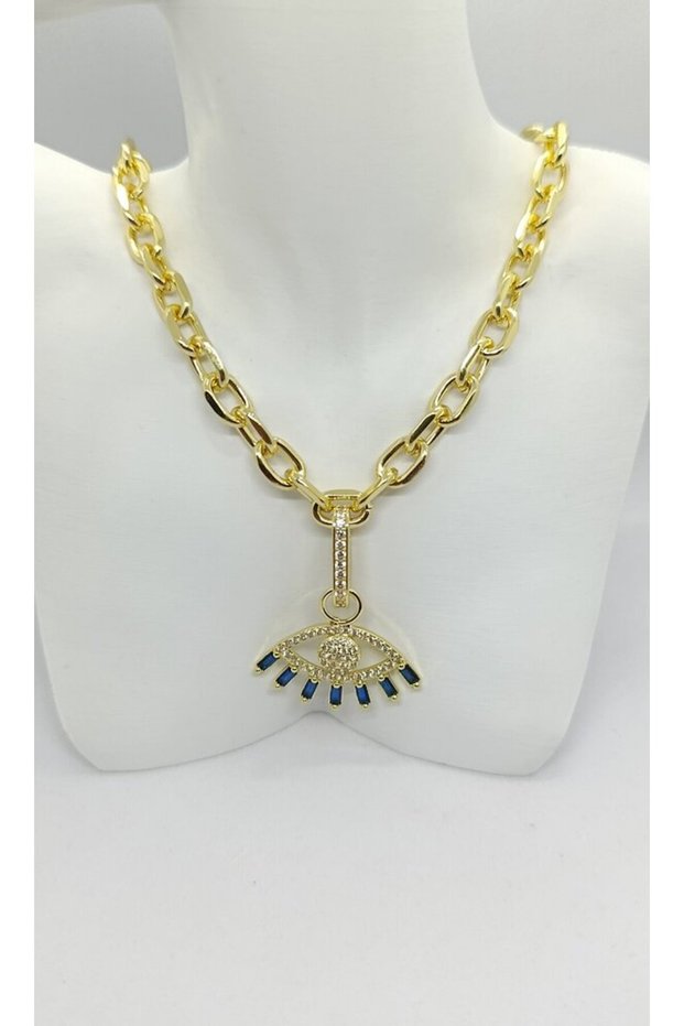 Navy Blue Stone Detailed Gold Chain Necklace with Eye Figure (43+5 cm)