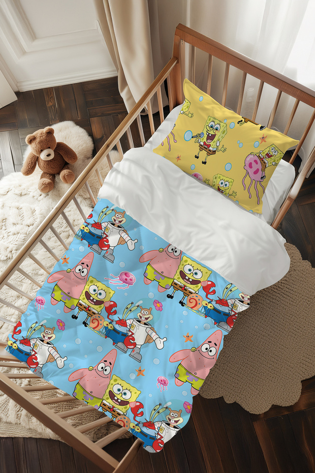 Spongebob Blue and Yellow Patterned Baby Crib Sleeping Set Tlabg-337