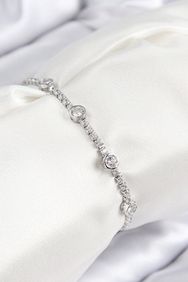 Brass Zircon Stone Circle Model Silver Color Elevator Women's Bracelet