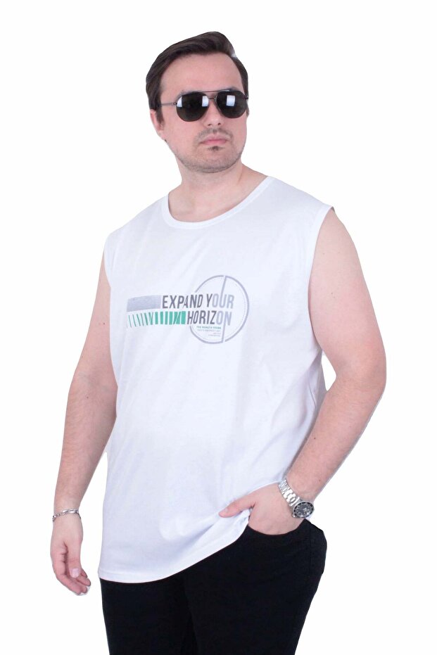 Large Size Printed Sleeveless T-Shirt Horizon 26128 White