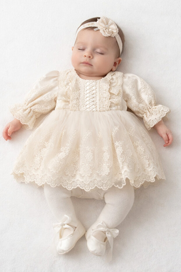 Naka Concept Kız Bebek Dantel Elbise Seti 4 Parça Newborn Dress Veloura Lace Signature 0-6 Ay