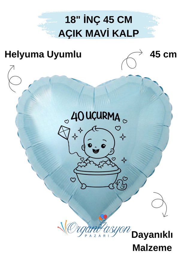 18 Inch Blue Heart Foil Balloon | 40 Uçurma | Kite Figured | 40 Days Party | Baby Shower