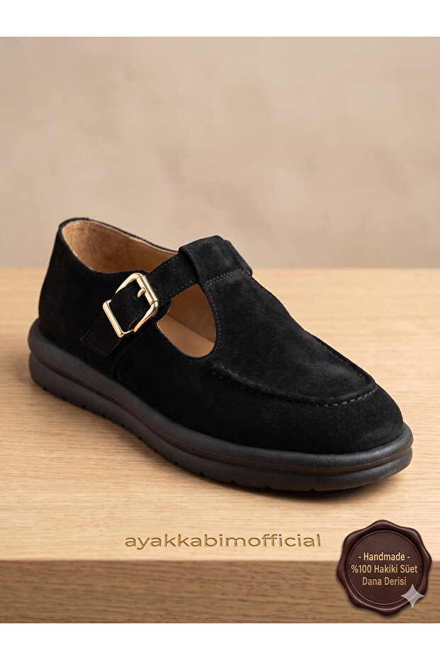Genuine Leather Mary Jane Shoes - Handcrafted Premium Cowhide Leather - Thermo Sole - Black Suede