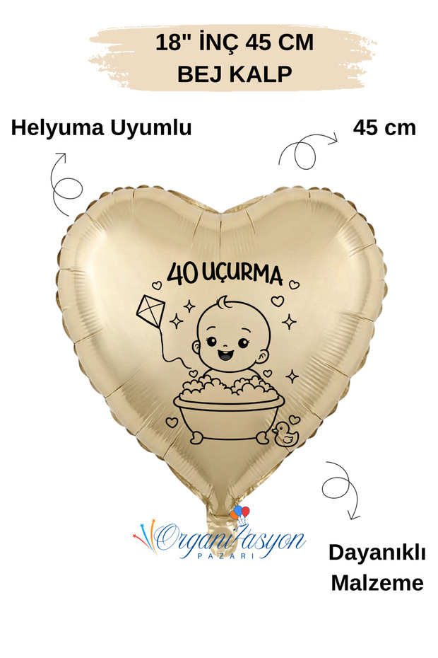 18 Inch Beige Heart Foil Balloon |   40 Uçurma |   Kite Figured |   40 Days Party |   Baby Shower