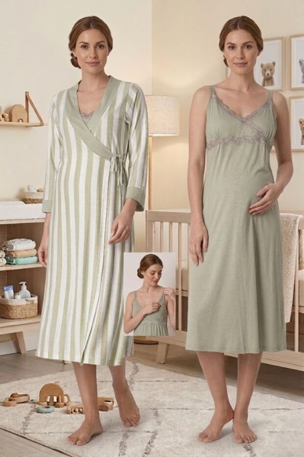 Women's Plaid Patterned Lace 2-Piece Maternity Nightgown Set with Dressing Gown