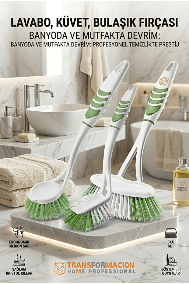 3-Piece Professional Cleaning Brush Set - Ergonomic Bathroom, Sink, and Dish Brush 723095