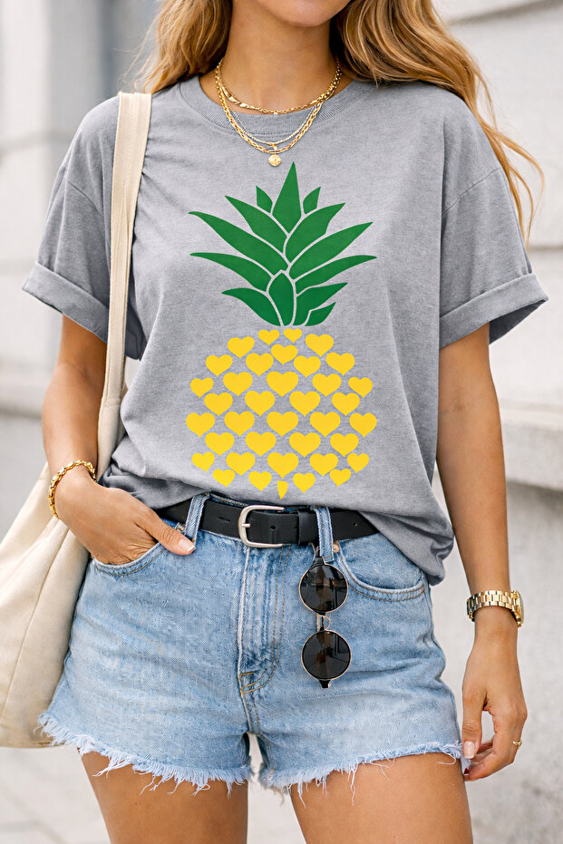 Heart Patterned Pineapple Printed Unisex Oversize T-Shirt – Cotton Crew Neck Casual T-Shirt