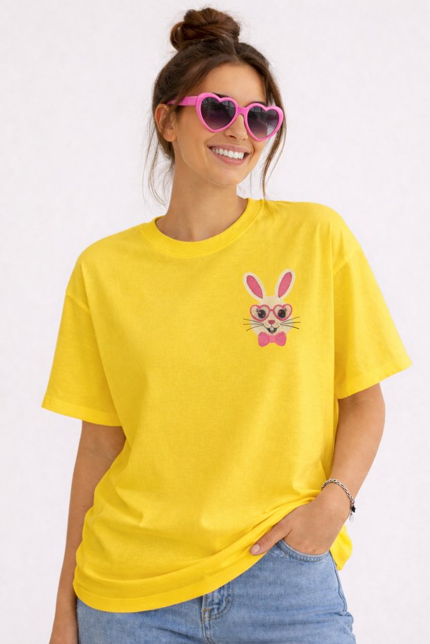 Unisex Oversize T-Shirt with Glasses and Rabbit Print – Cotton Crew Neck Casual T-Shirt