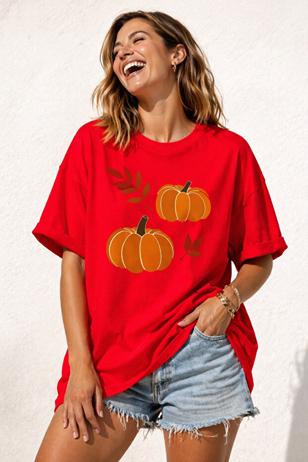 Pumpkin Patterned Autumn Themed Unisex Oversize T-Shirt – Cotton Crew Neck Casual T-Shirt
