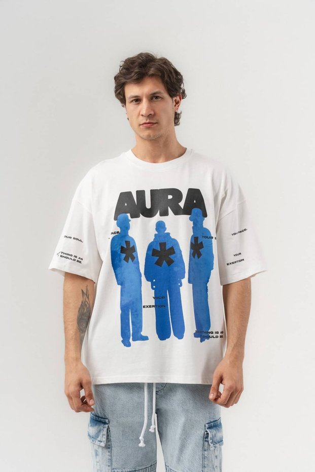 Aura Chest Design Detailed Crew Neck Oversize T-Shirt