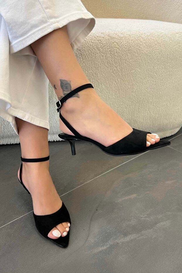 Gemma Women's Ankle Strap Suede Heeled Shoes Black