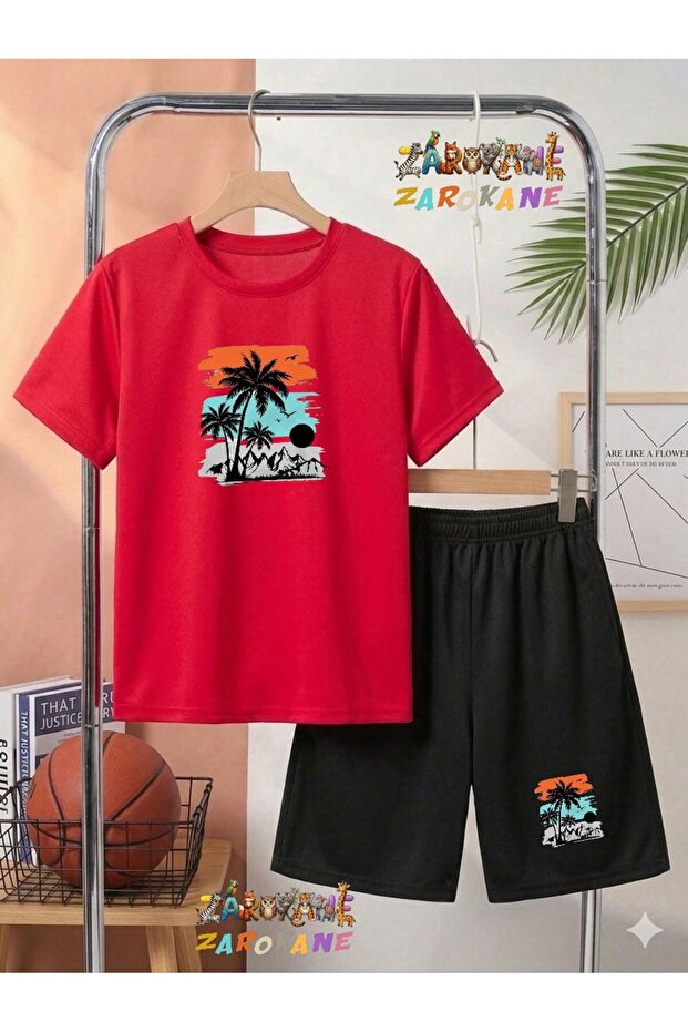 Palm Tree and Coast Visual Printed Top and Shorts/T-Shirt Summer Children's Two-Piece Set
