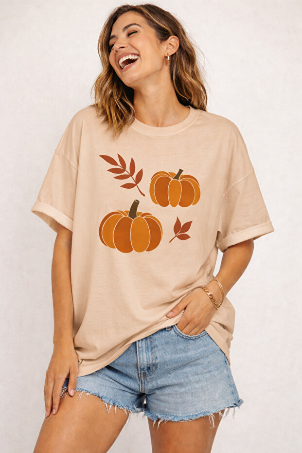 Pumpkin Patterned Autumn Themed Unisex Oversize T-Shirt – Cotton Crew Neck Casual T-Shirt
