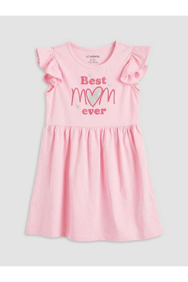 Lcw Kids Crew Neck Printed Ruffle Girls' Combed Cotton Dress