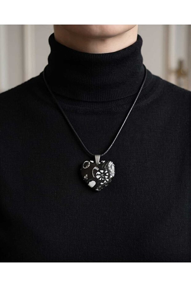 Black Floral Polymer Clay & Epoxy Handmade Necklace (Apparatus Stainless Steel)