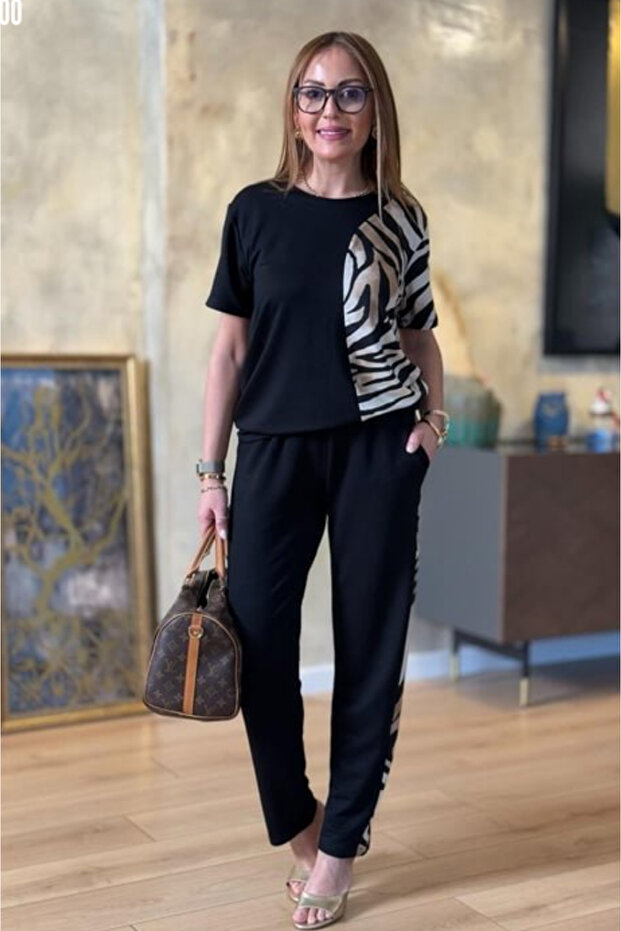 Women's Short Sleeve Crew Neck Patterned Blouse Trousers Plus Size Two Piece Set