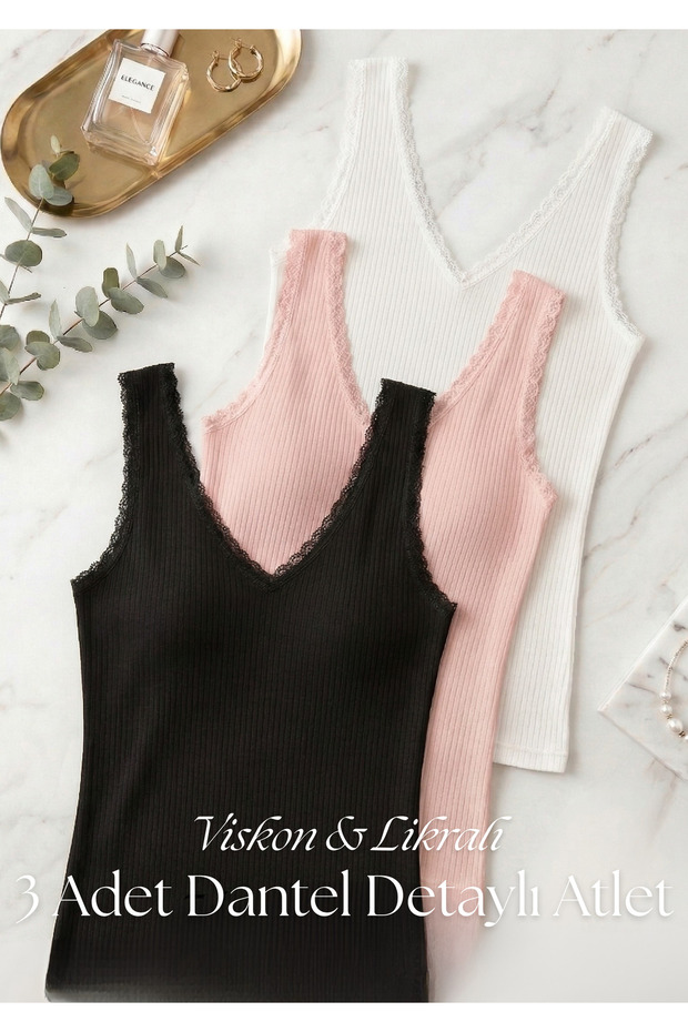 Women's 3-Piece Lace Detailed Viscose Lycra Undershirt - V-Neck Ribbed Camisole Undershirt