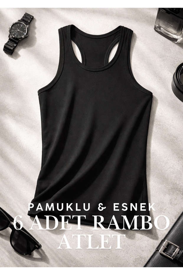 Men's 6-Pack Black Lycra Cotton Rambo Undershirts - Sportsman Cut Premium Undershirts