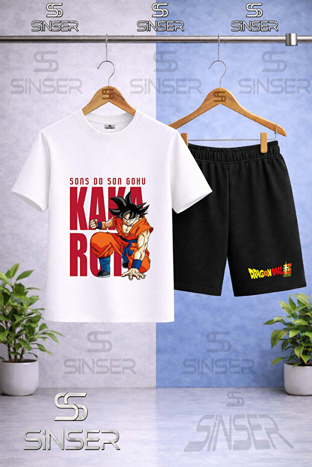 Children's Goku Back Writing Printed Punch Printed Crew Neck T-Shirt - Shorts Set