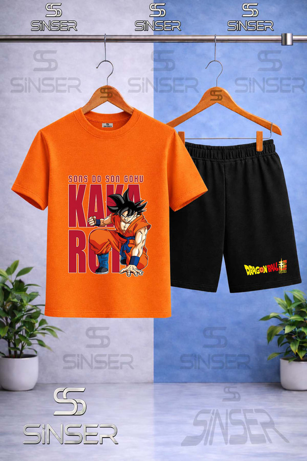 Children's Goku Back Writing Printed Punch Printed Crew Neck T-Shirt - Shorts Set