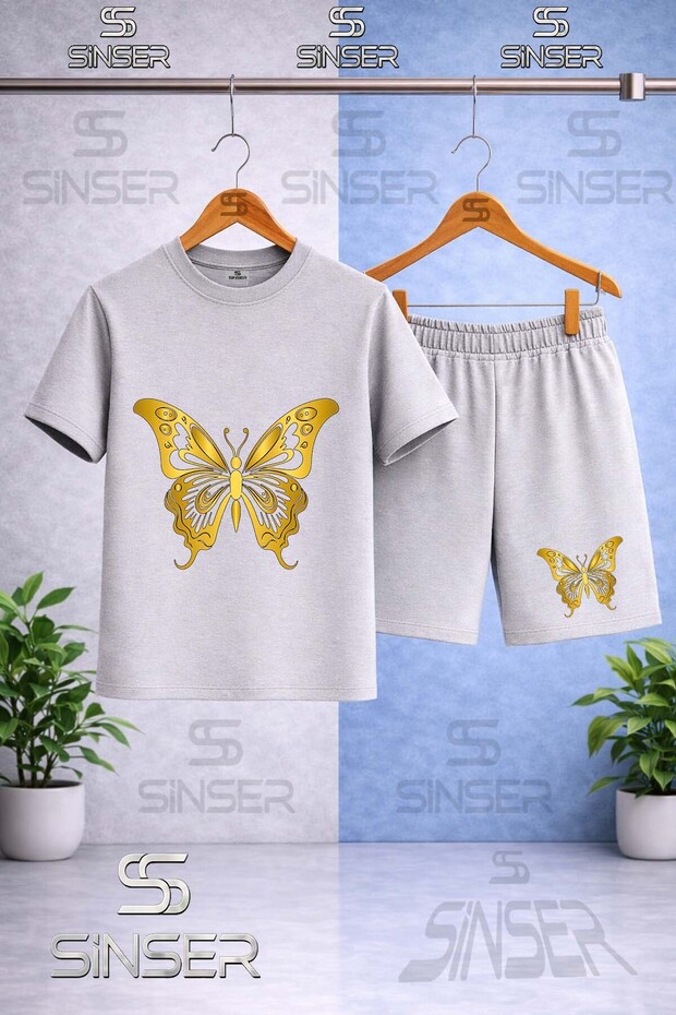 Children's Buttrfly Gold Color Printed Crew Neck T-Shirt - Shorts Set