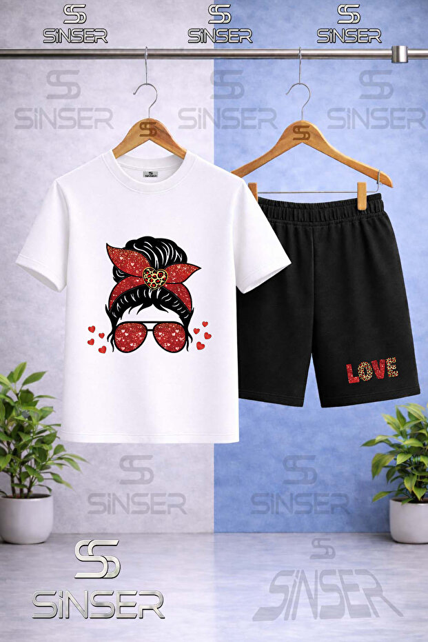 Children's Gozluklu Gril Red Leopard Pattern Printed Crew Neck T-Shirt - Shorts Set